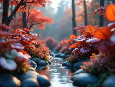 Serene Autumn Stream Flowing Through Vibrant Red Forest