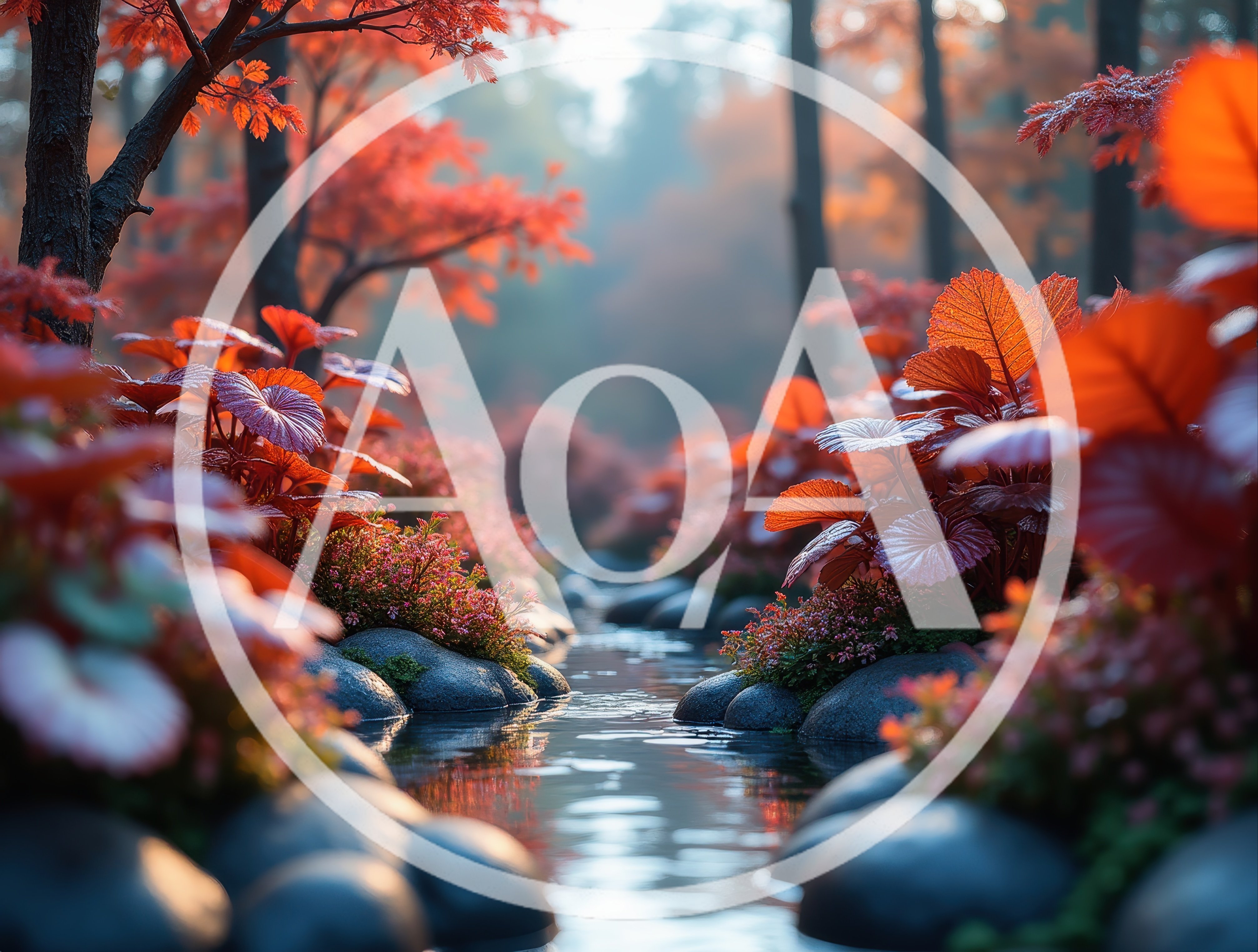 Serene Autumn Stream Flowing Through Vibrant Red Forest