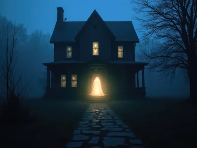 Glowing Ghost Standing At The Entrance Of Haunted House