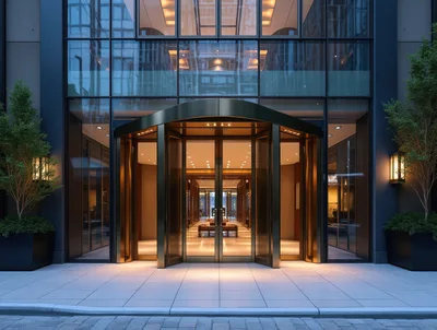 Modern Luxury Building Entrance With Revolving Glass Doors