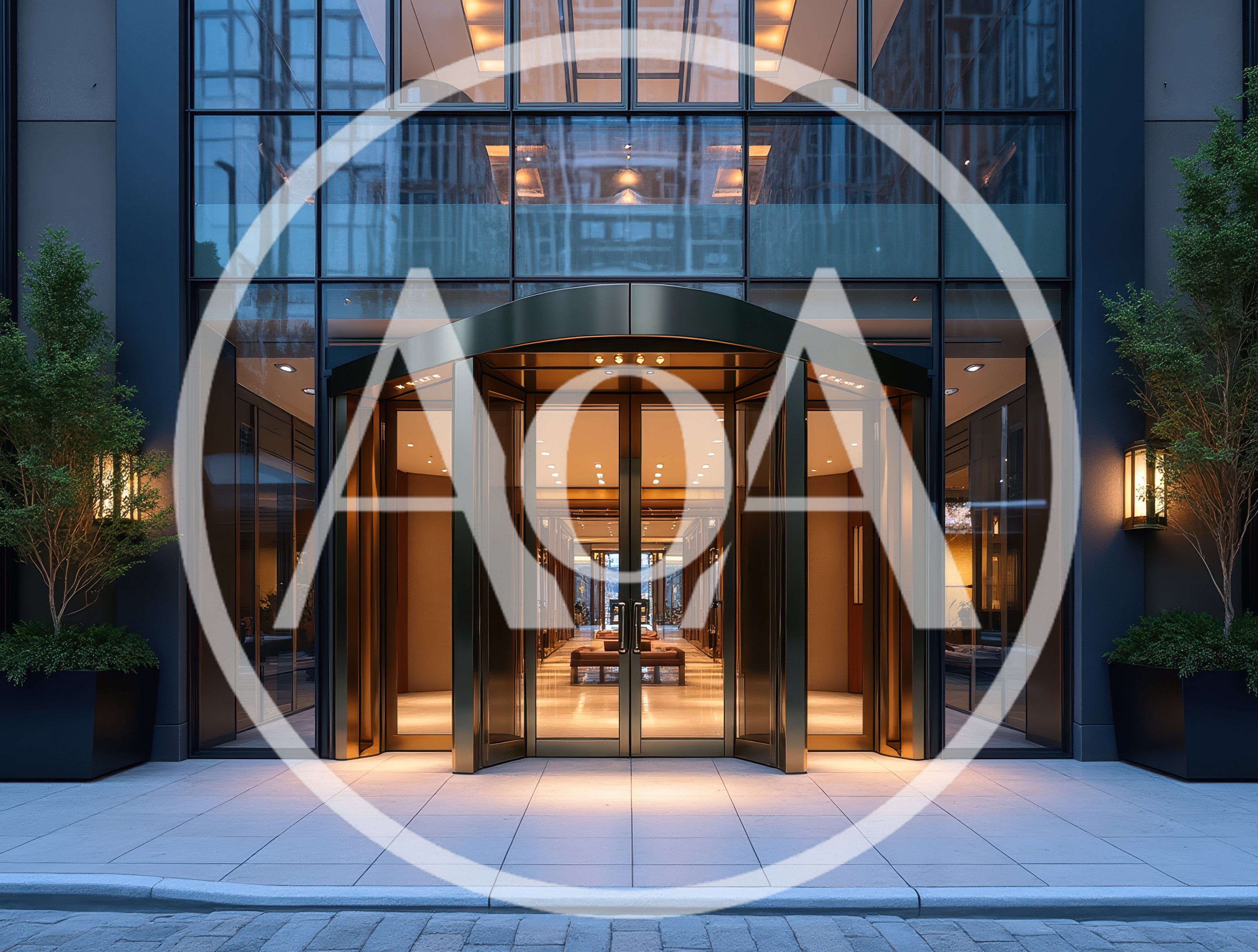 Modern Luxury Building Entrance With Revolving Glass Doors