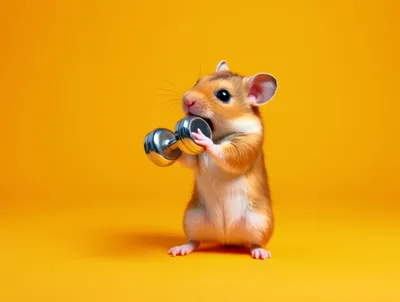 Cute Hamster Lifting A Small Metal Dumbbell