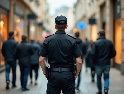 Police Officer Patrolling A Busy Pedestrian Shopping Street