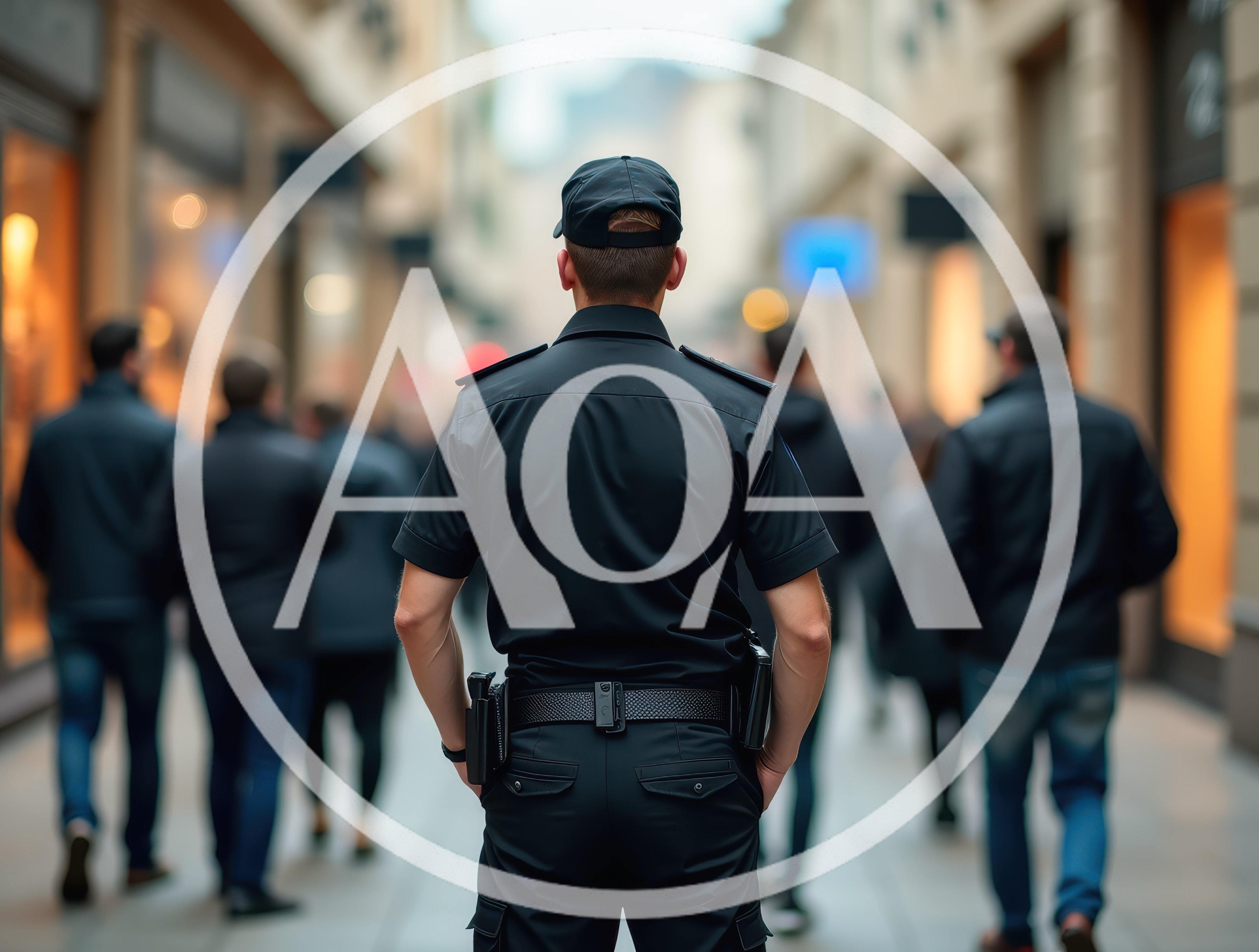 Police Officer Patrolling A Busy Pedestrian Shopping Street