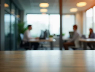 Blurred Office Interior With Wooden Desk Foreground