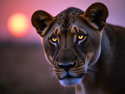 Close Up Portrait Of A Lioness At Sunset