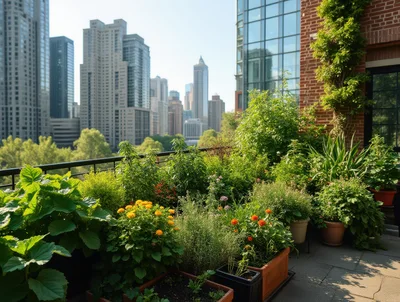 Urban Rooftop Garden With City Skyline View
