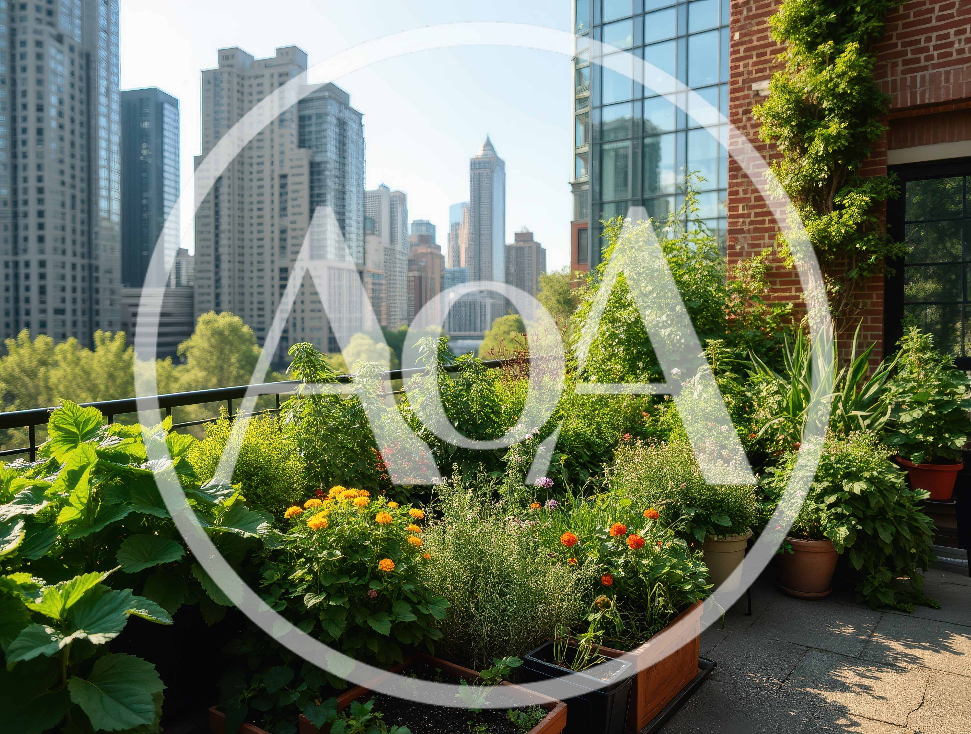 Urban Rooftop Garden With City Skyline View