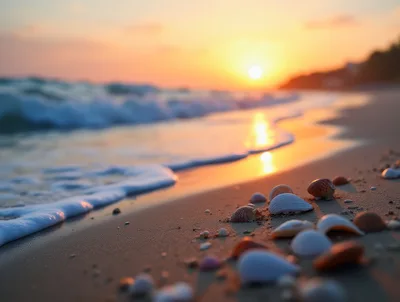 Seashells Scattered on Sandy Beach at Sunset