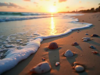 Seashells Scattered On A Sandy Beach At Sunset