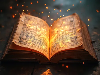 Open Ancient Grimoire With Glowing Magical Sparks