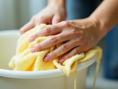 Person Hand Washing Yellow Cloth In Plastic Basin