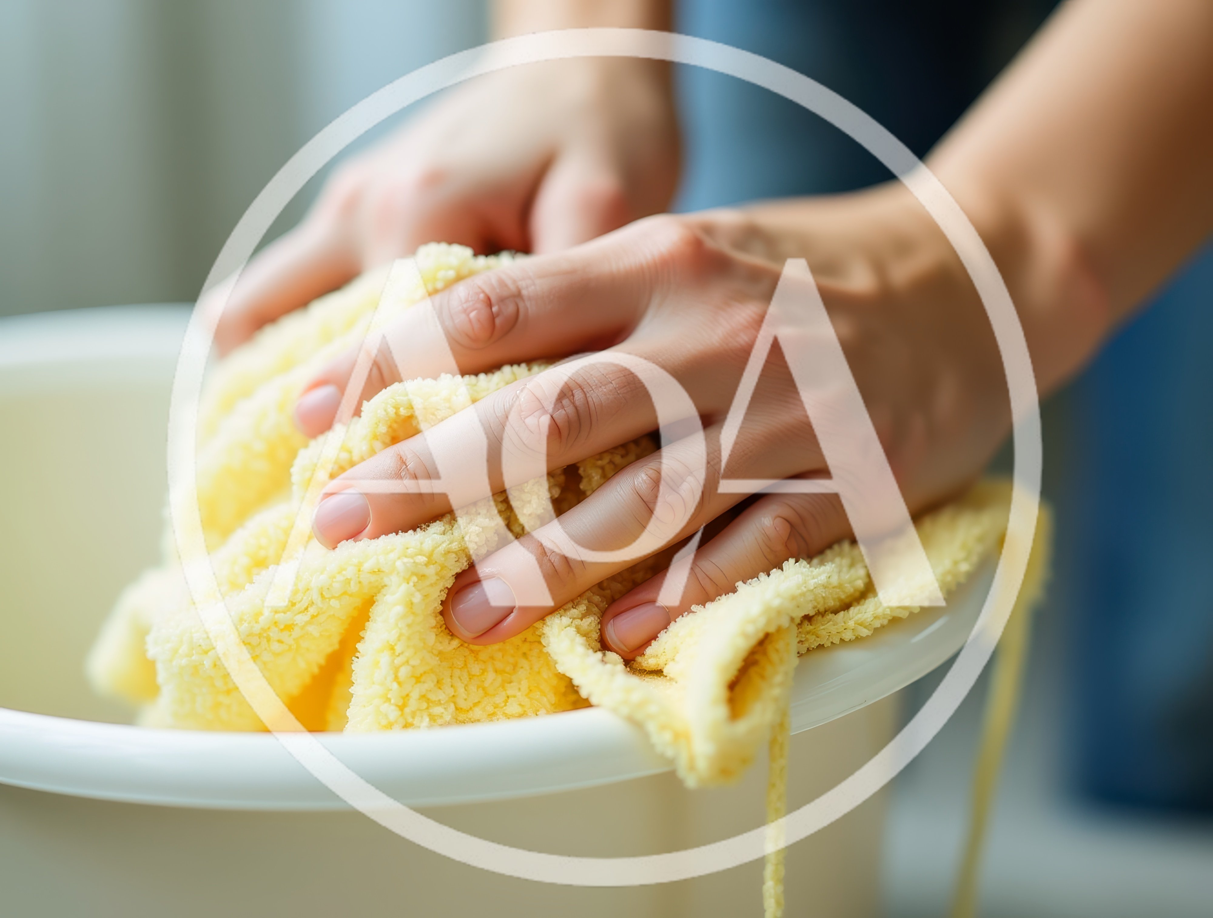 Person Hand Washing Yellow Cloth In Plastic Basin