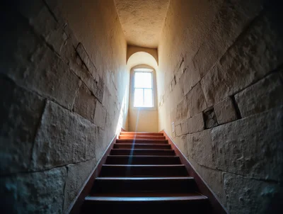 Staircase Leading To A Bright Window In A Stone Hallway