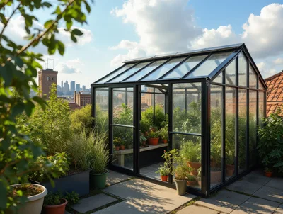 Modern Glass Greenhouse On A City Rooftop Garden