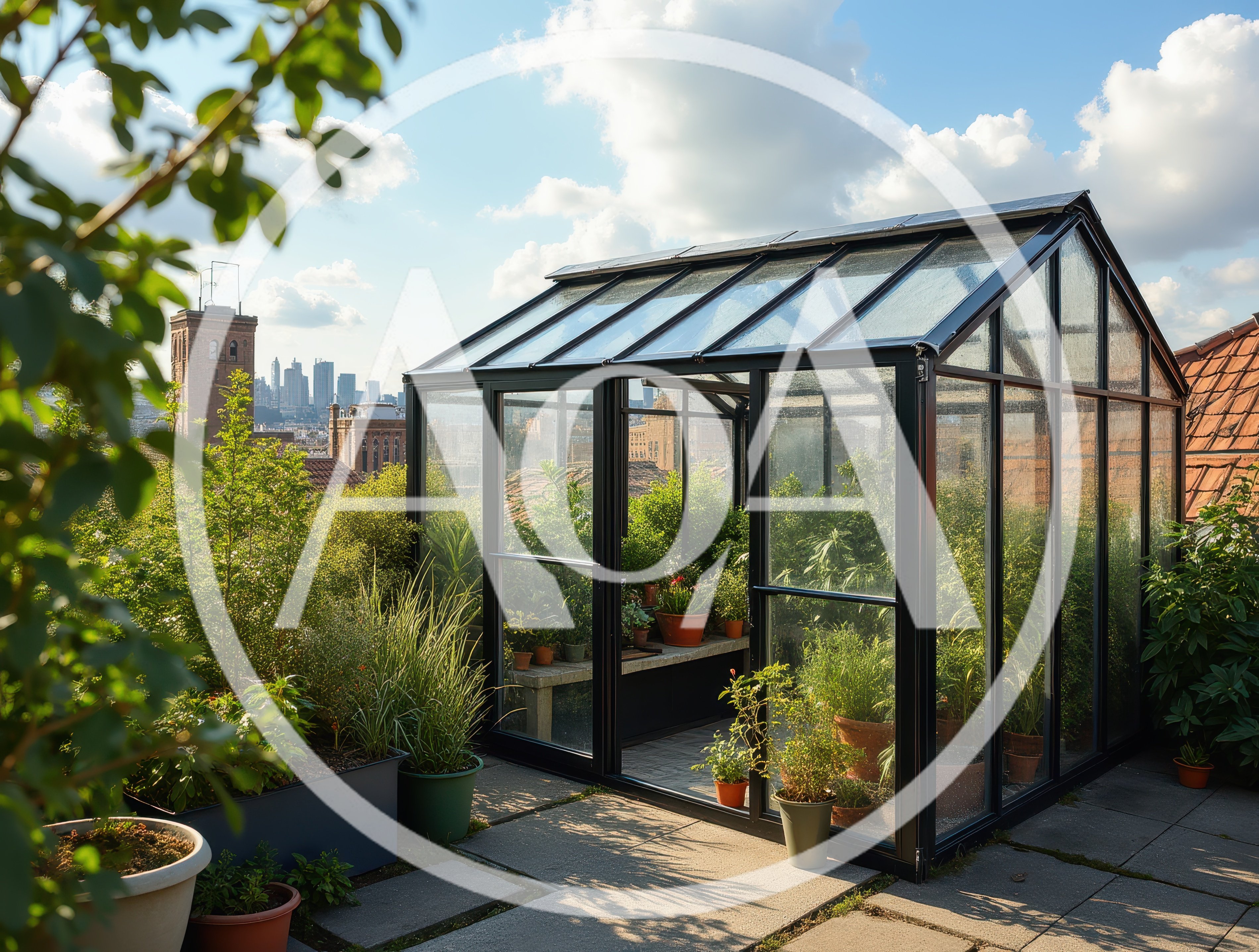 Modern Glass Greenhouse On A City Rooftop Garden