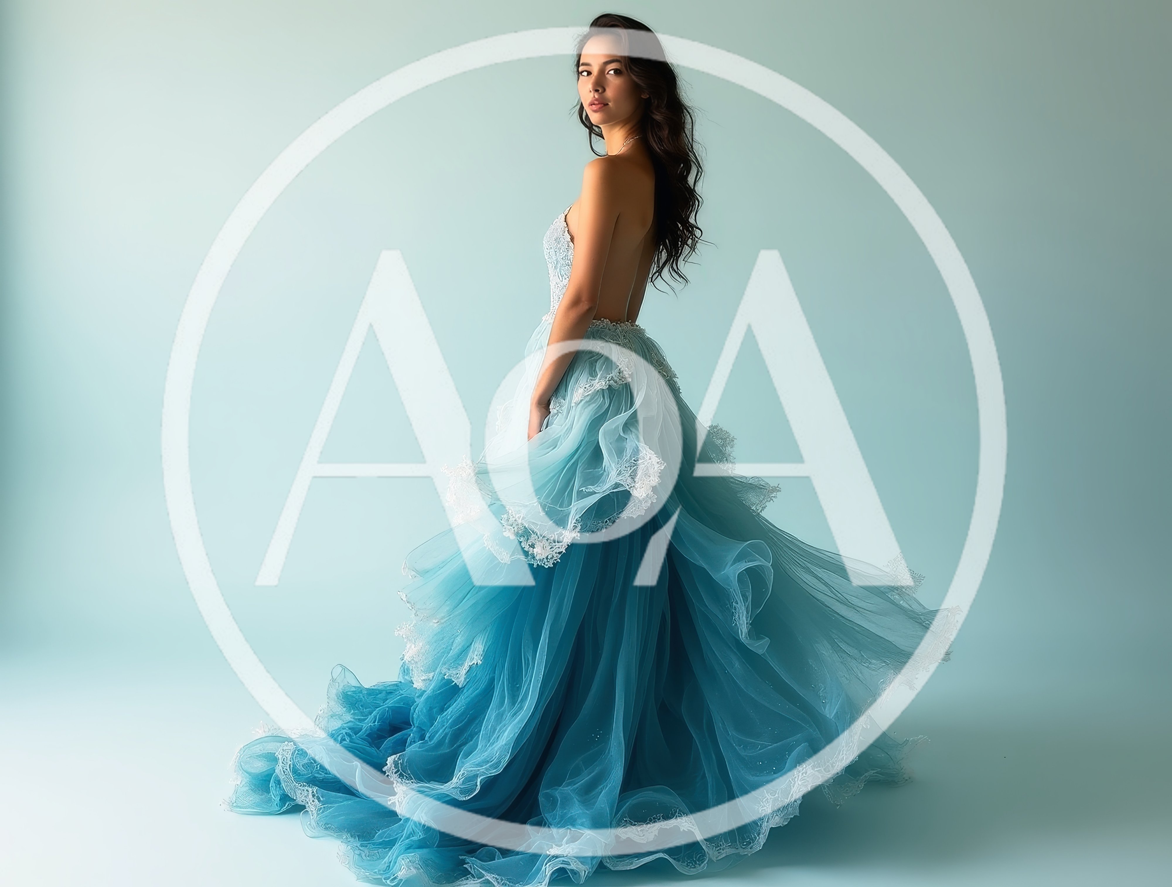 Elegant Woman Posing In Flowing Blue Evening Gown