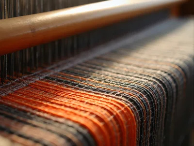 Close Up Of Orange And Black Threads On Loom