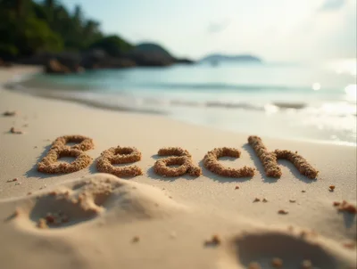 Beach Word Written In Sand On Tropical Shore