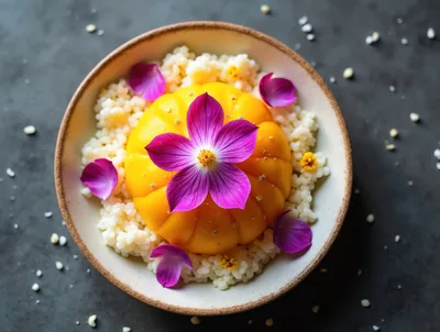 Gourmet Mango Dessert With Edible Flowers In Bowl