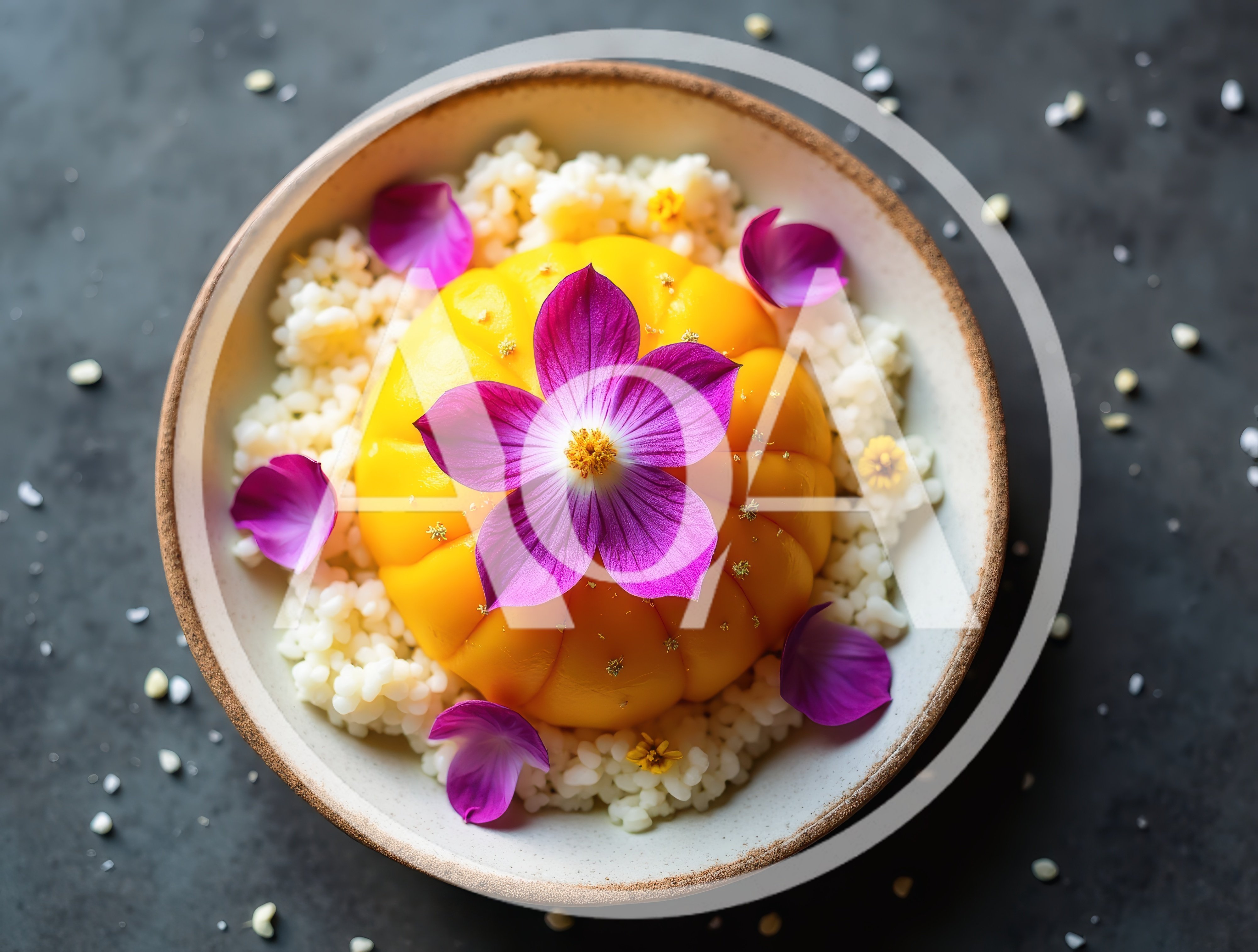 Gourmet Mango Dessert With Edible Flowers In Bowl