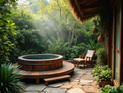 Wooden Hot Tub On A Tropical Forest Terrace