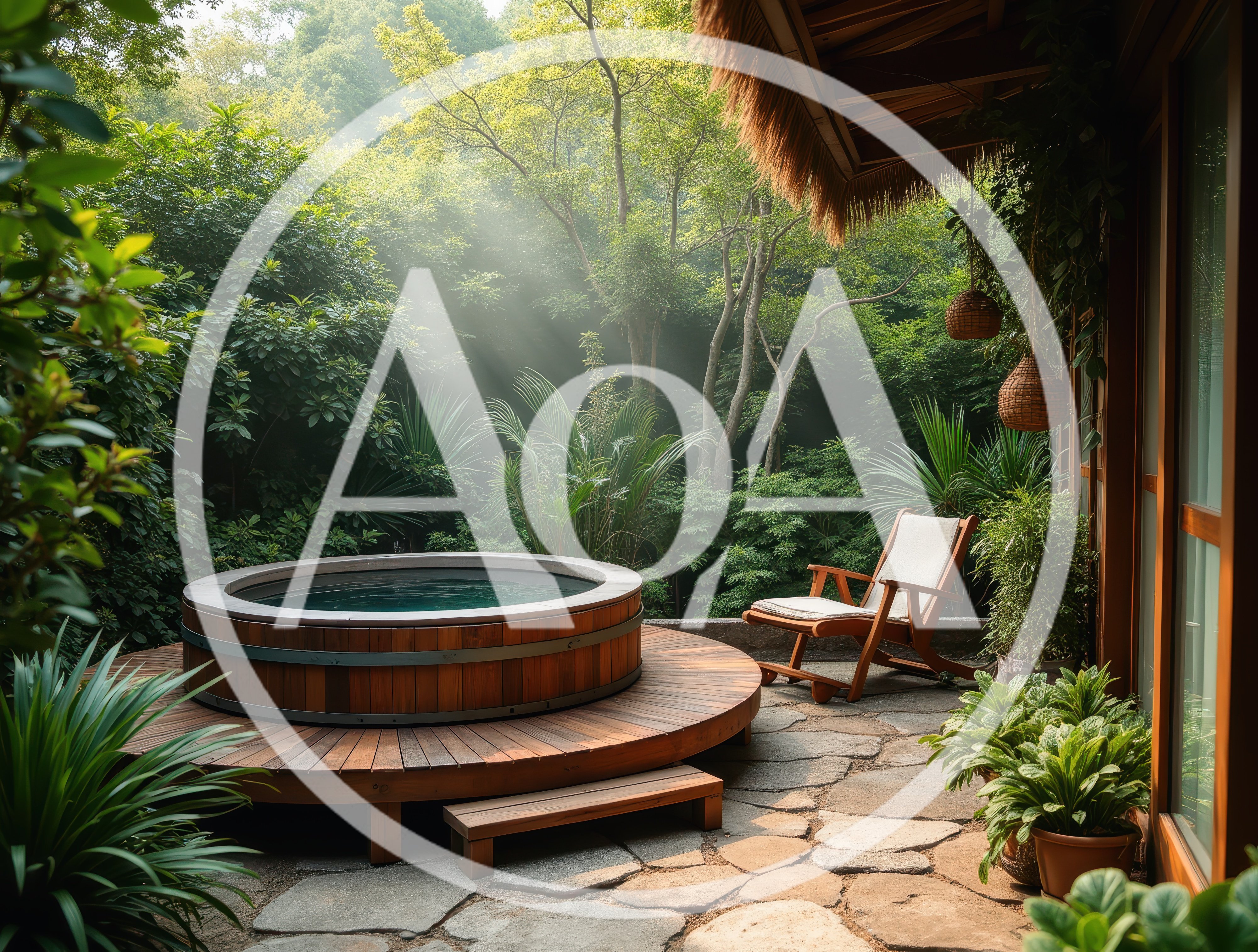 Wooden Hot Tub On A Tropical Forest Terrace