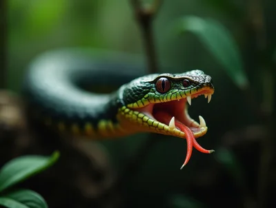 Aggressive Green Snake With Open Mouth And Fangs
