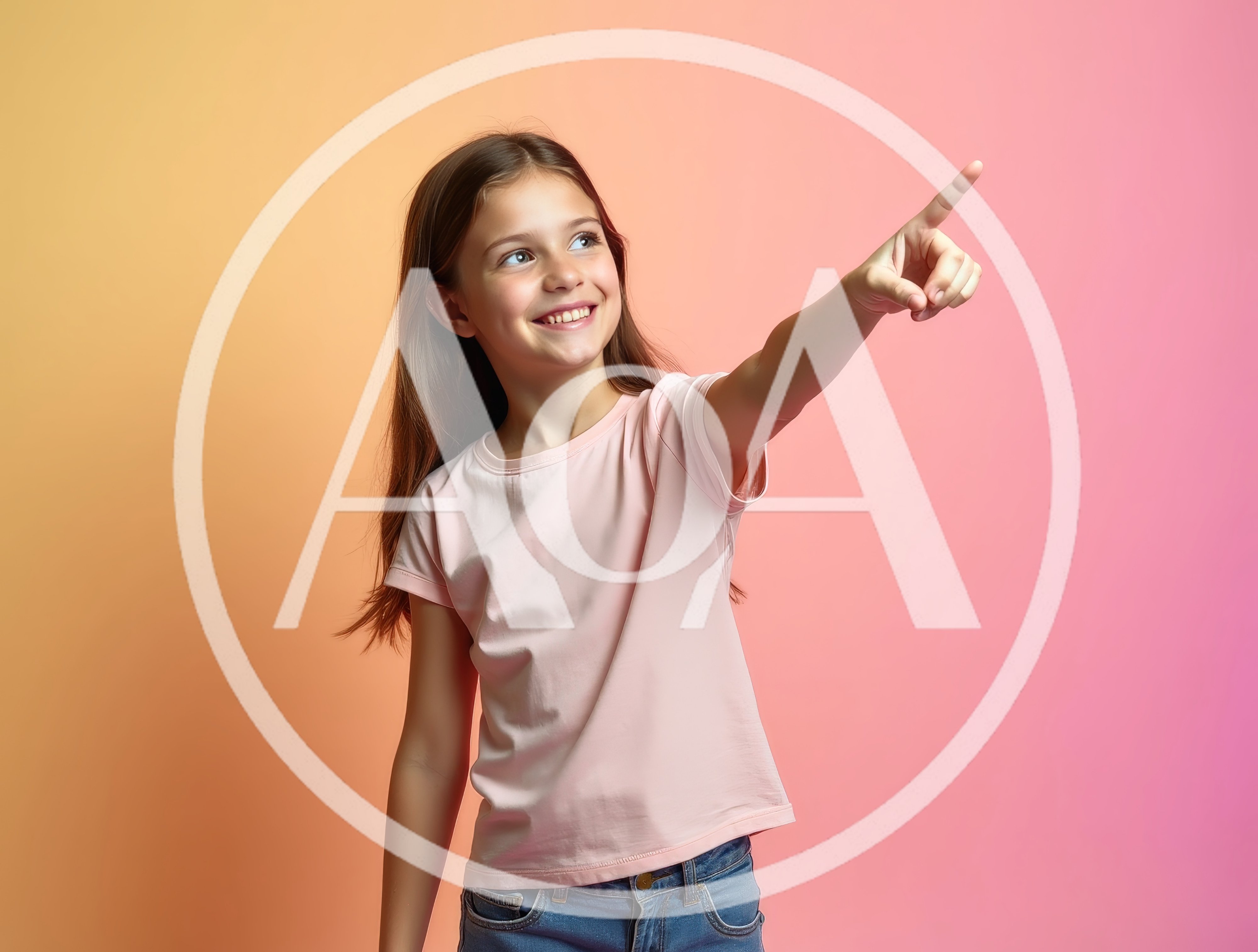 Happy Young Girl Pointing Upwards Against Gradient Background