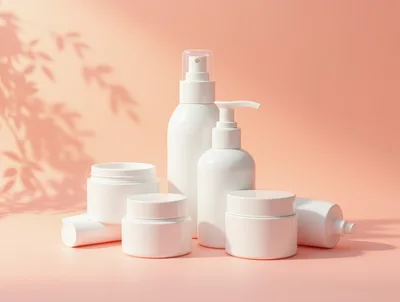 White Cosmetic Bottles and Jars on Peach Background