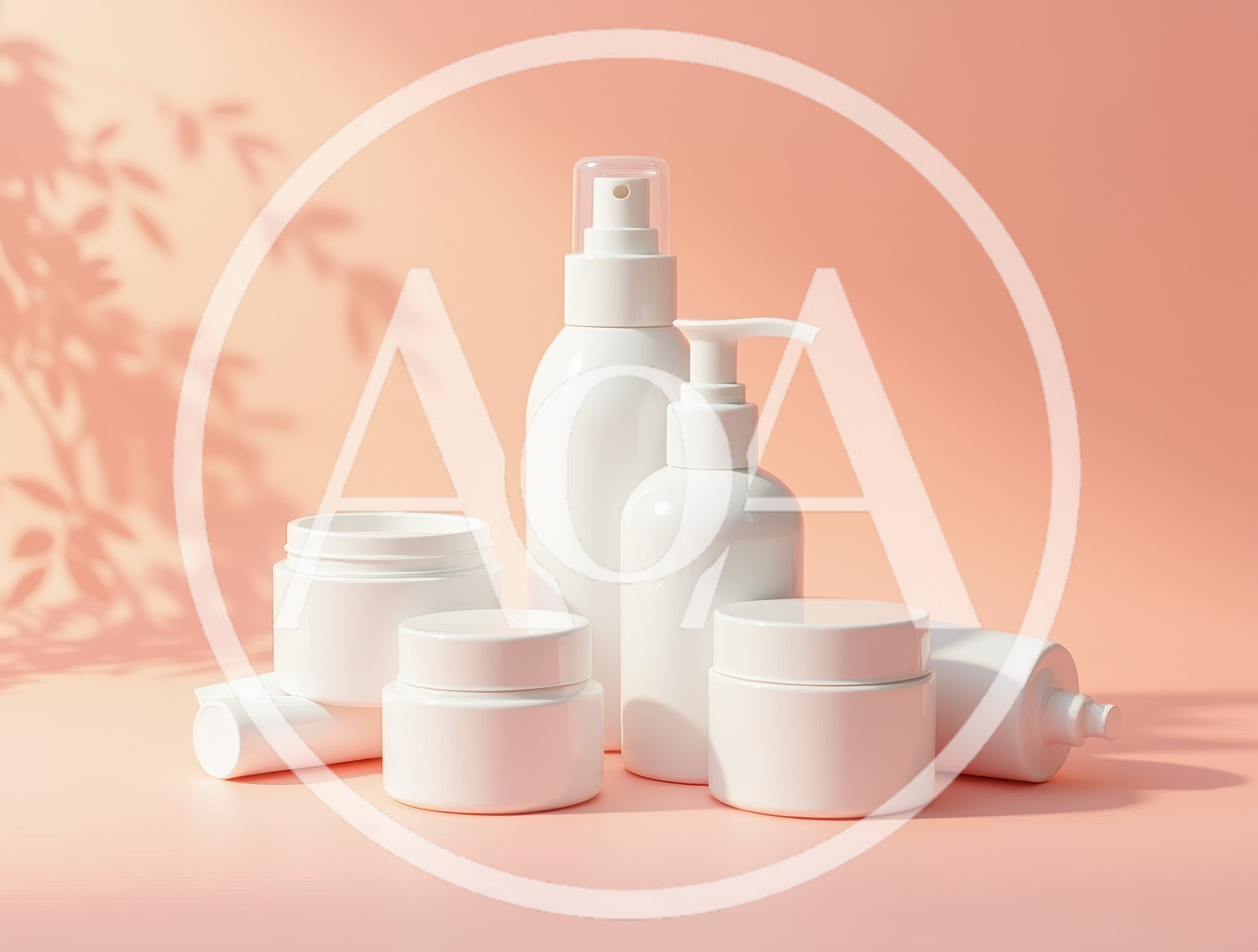 White Cosmetic Bottles and Jars on Peach Background