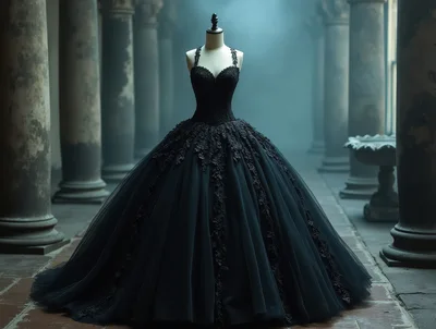 Black Ball Gown on Mannequin in Classical Hallway