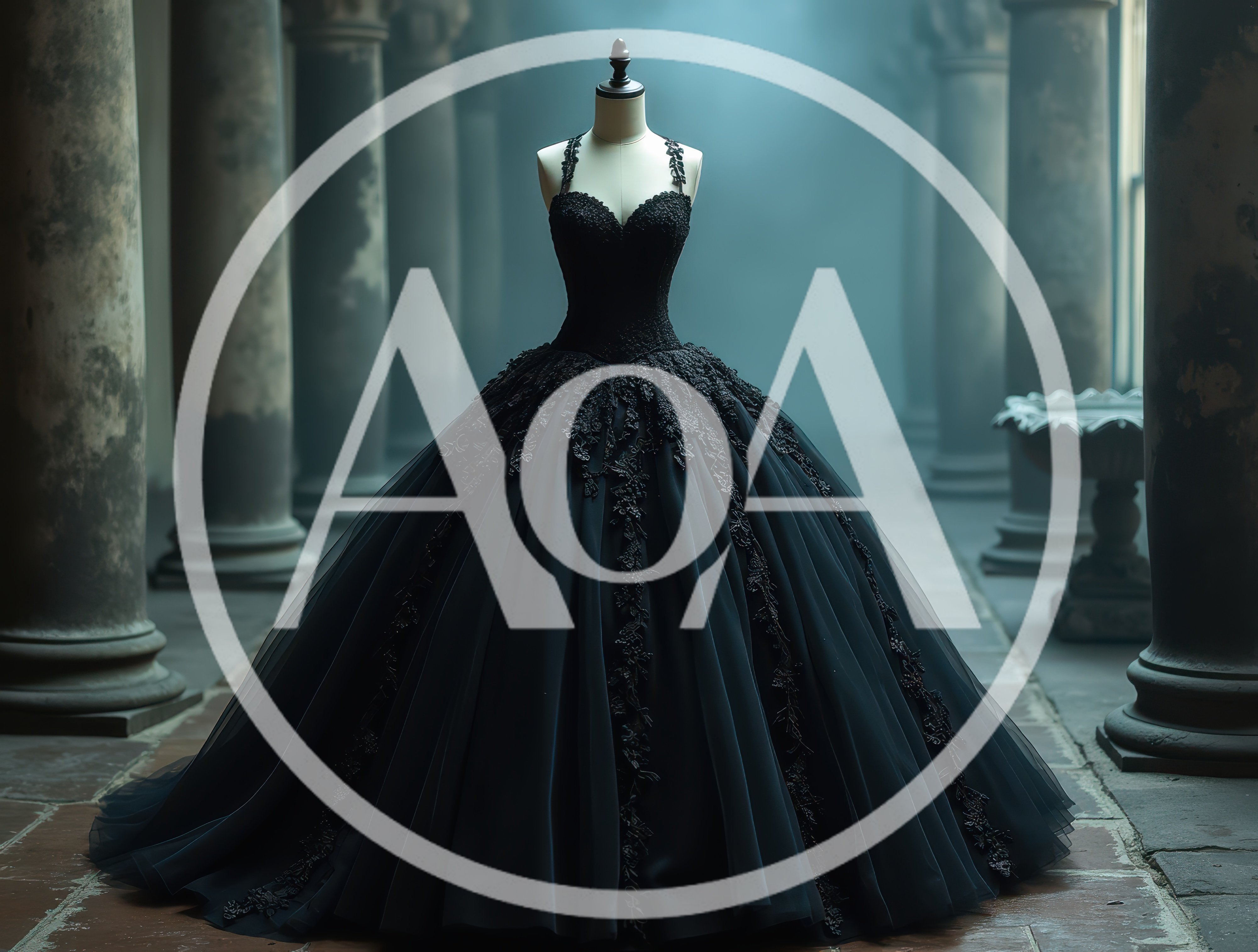 Black Ball Gown on Mannequin in Classical Hallway