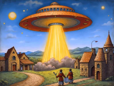 Medieval Villagers Observing A Large Alien Spaceship