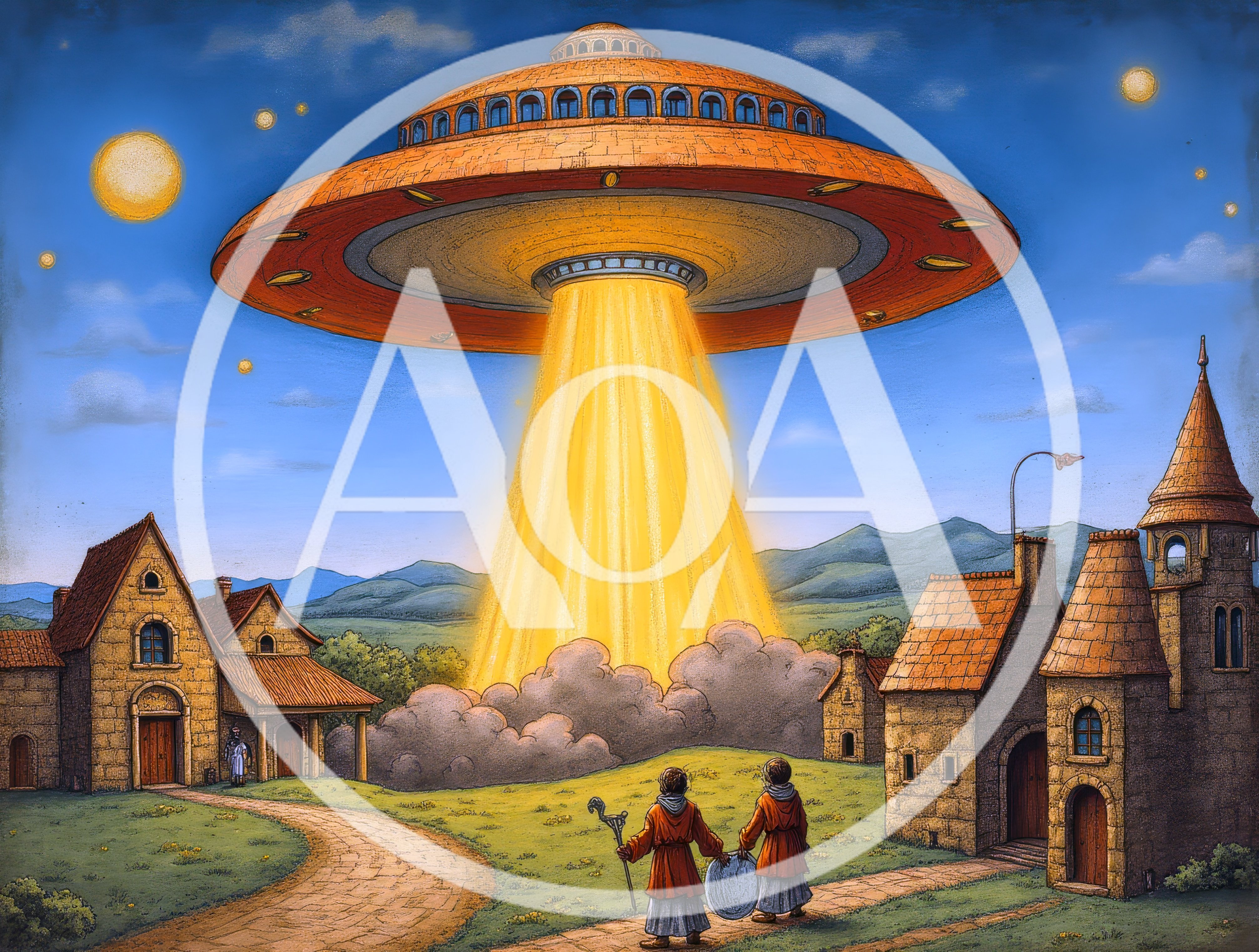 Medieval Villagers Observing A Large Alien Spaceship