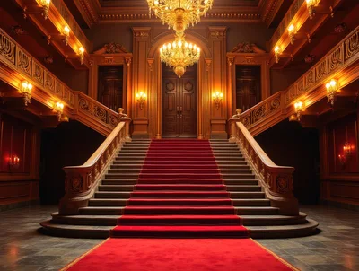 Grand Staircase With Red Carpet In Luxury Mansion