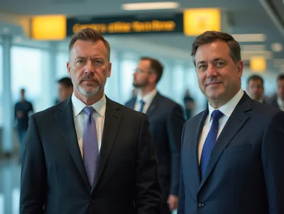 Two Professional Businessmen Walking Through Airport Terminal