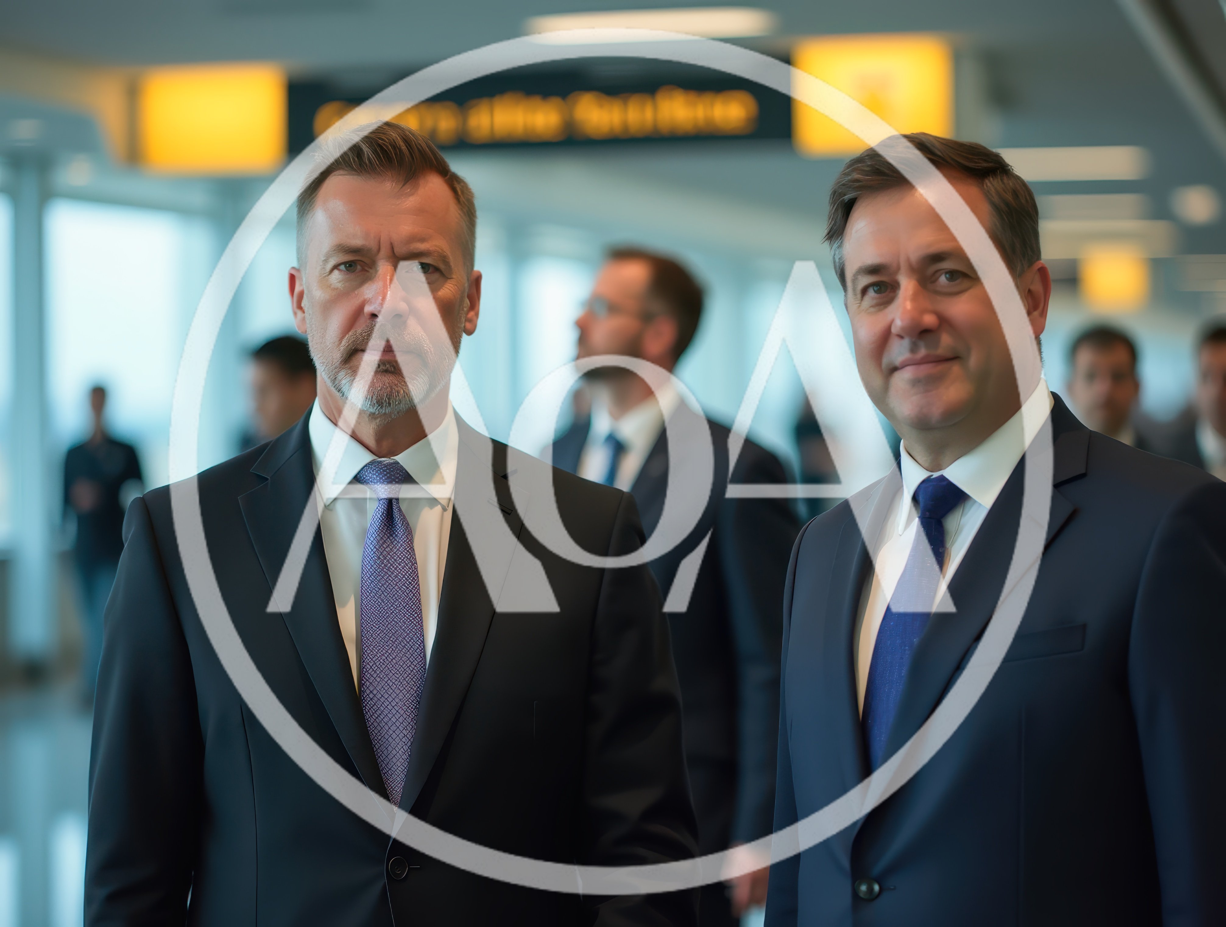 Two Professional Businessmen Walking Through Airport Terminal