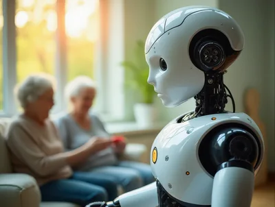 Humanoid Robot Assisting Elderly Women In A Living Room