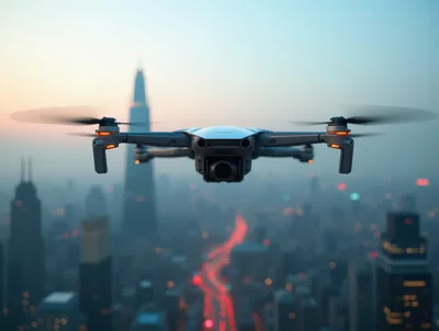 Drone Flying Over A Modern City Skyline At Twilight
