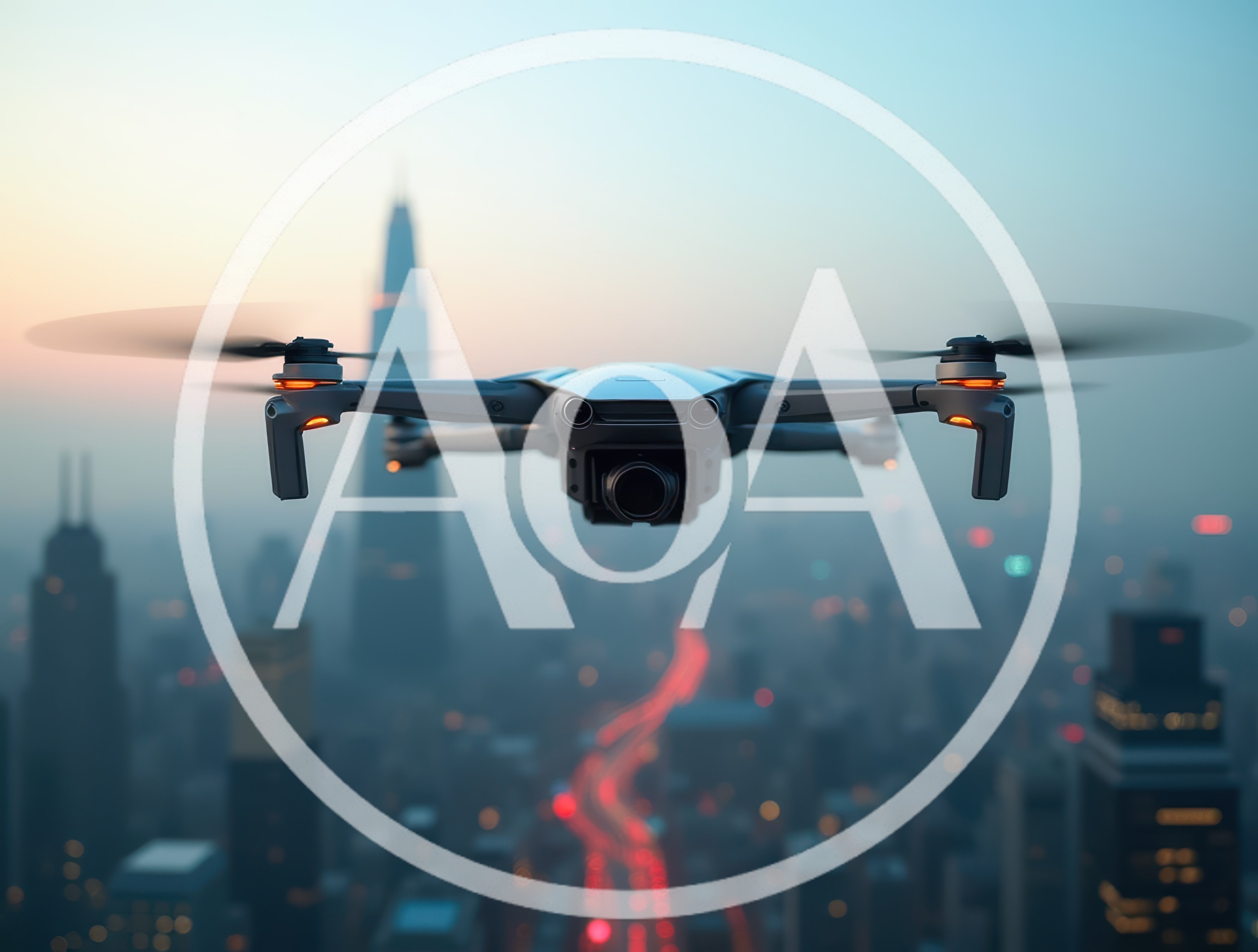 Drone Flying Over A Modern City Skyline At Twilight
