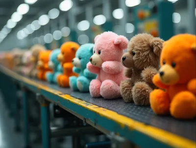 Teddy Bears Moving Along A Factory Assembly Line