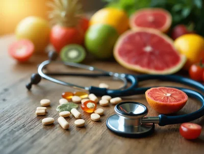 Stethoscope And Assorted Supplements With Fresh Fruit