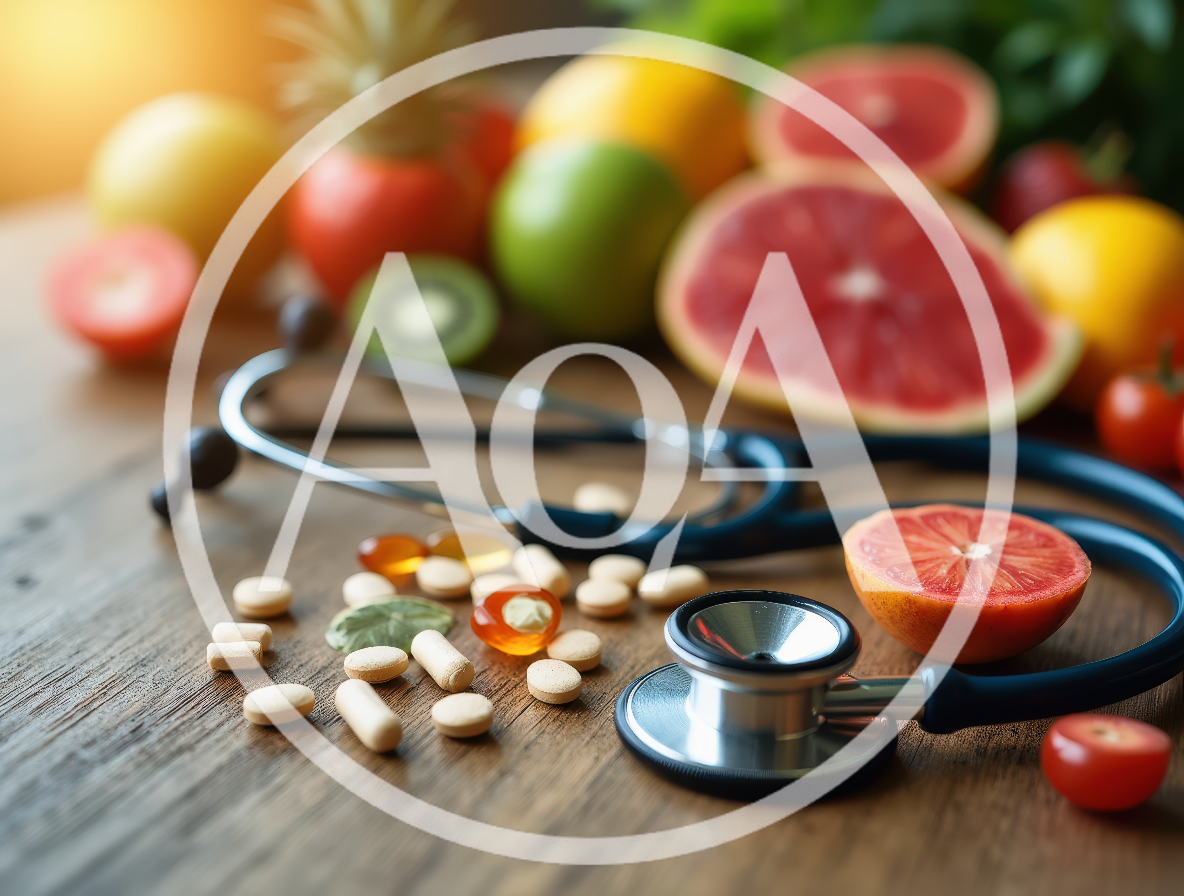 Stethoscope And Assorted Supplements With Fresh Fruit