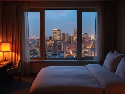 Modern Hotel Room With Panoramic City Skyline View