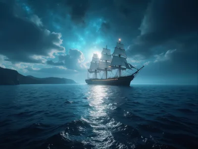 Majestic Tall Ship Sailing Under A Starry Night Sky