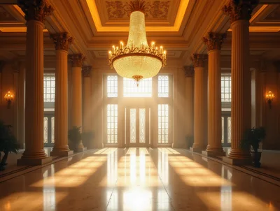 Grand Palace Hallway With Crystal Chandelier And Sunlight