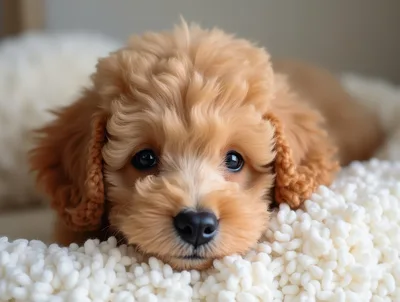 Adorable Golden Doodle Puppy Resting On White Blanket