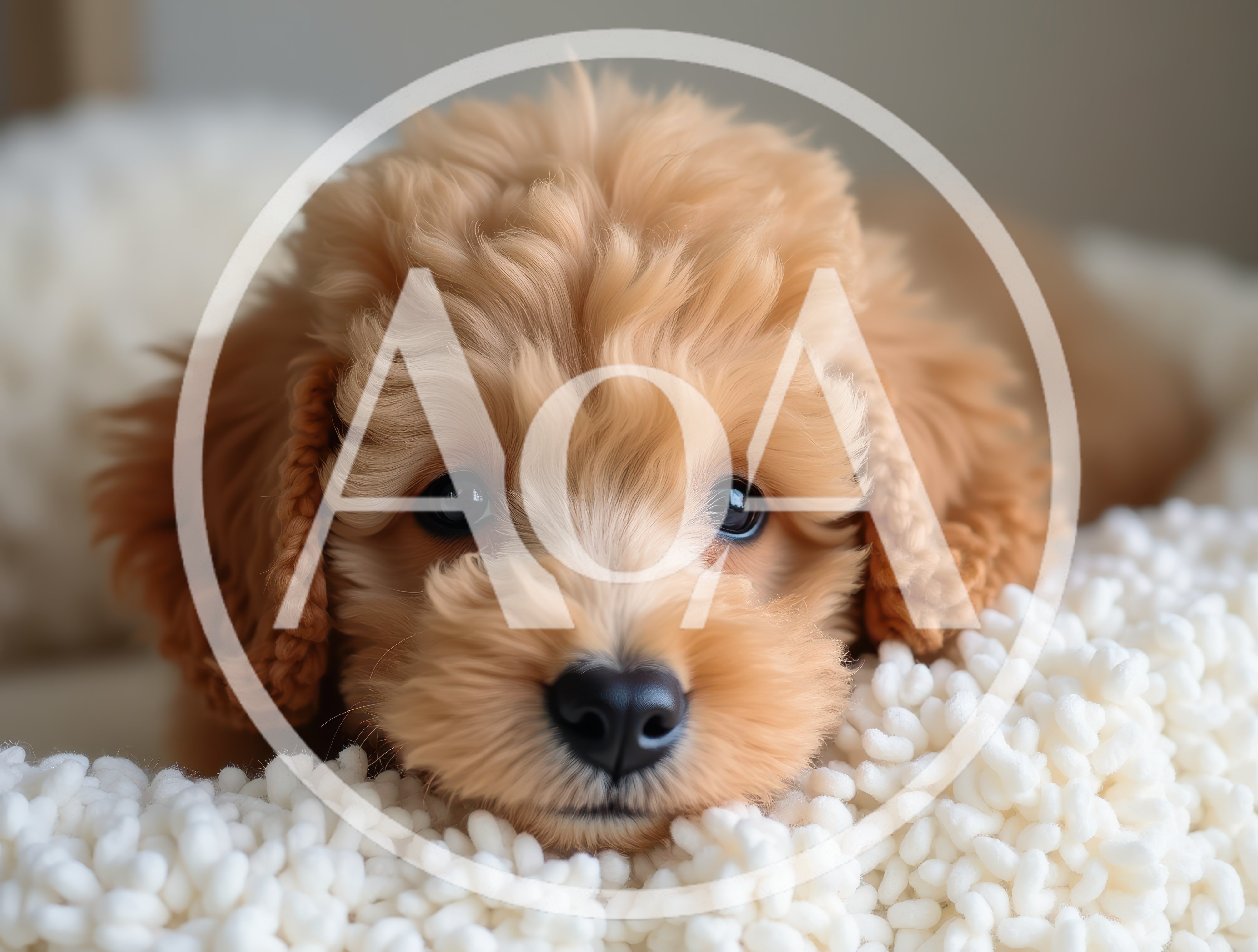 Adorable Golden Doodle Puppy Resting On White Blanket
