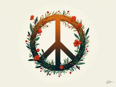 Wooden Peace Symbol Decorated With Flowers And Foliage